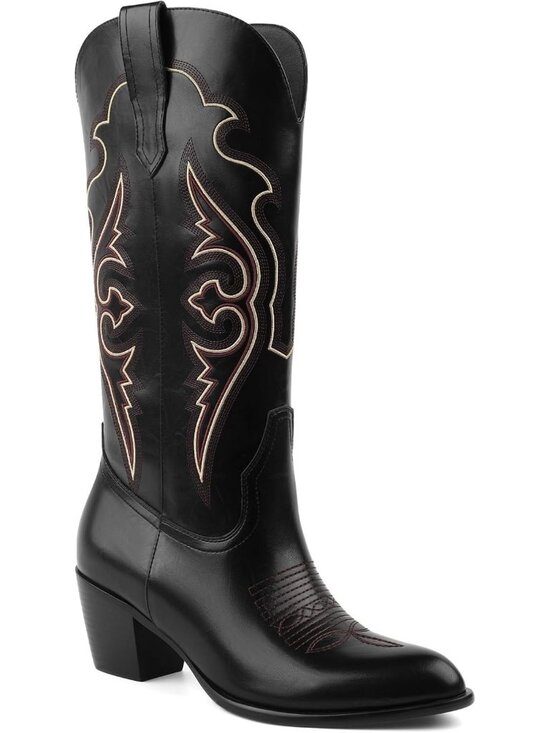 Shoes - Women's Black Embroidered Western Cowgirl Boots with Chunky Heel Comfort Boot